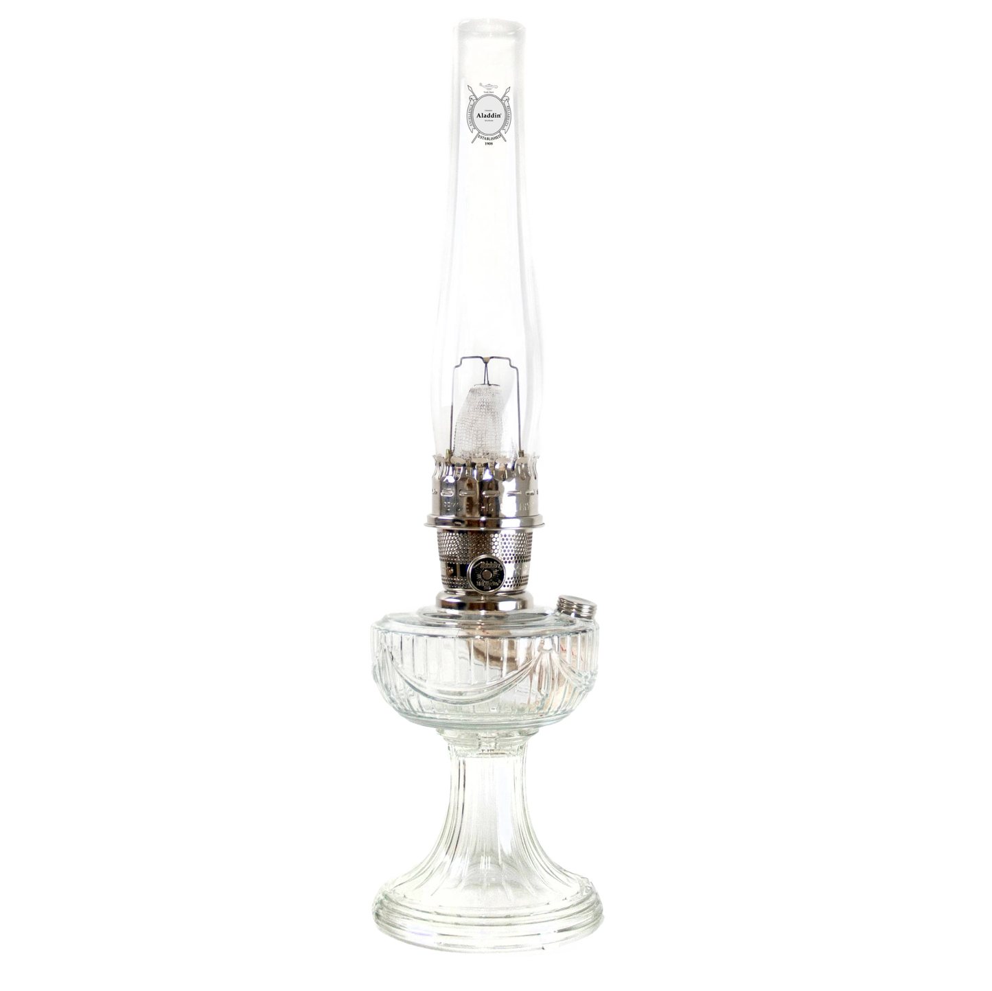 Handcrafted clear ribbed glass oil lamp with tall chimney and polished metal burner, designed for Farm, Garden & Tool, Lamps & Lighting, Emergency Supplies, Oil Lamps, Table Lamps, Best Sellers, and Promo Eligible collections. Bright enough for reading and Amish made.
