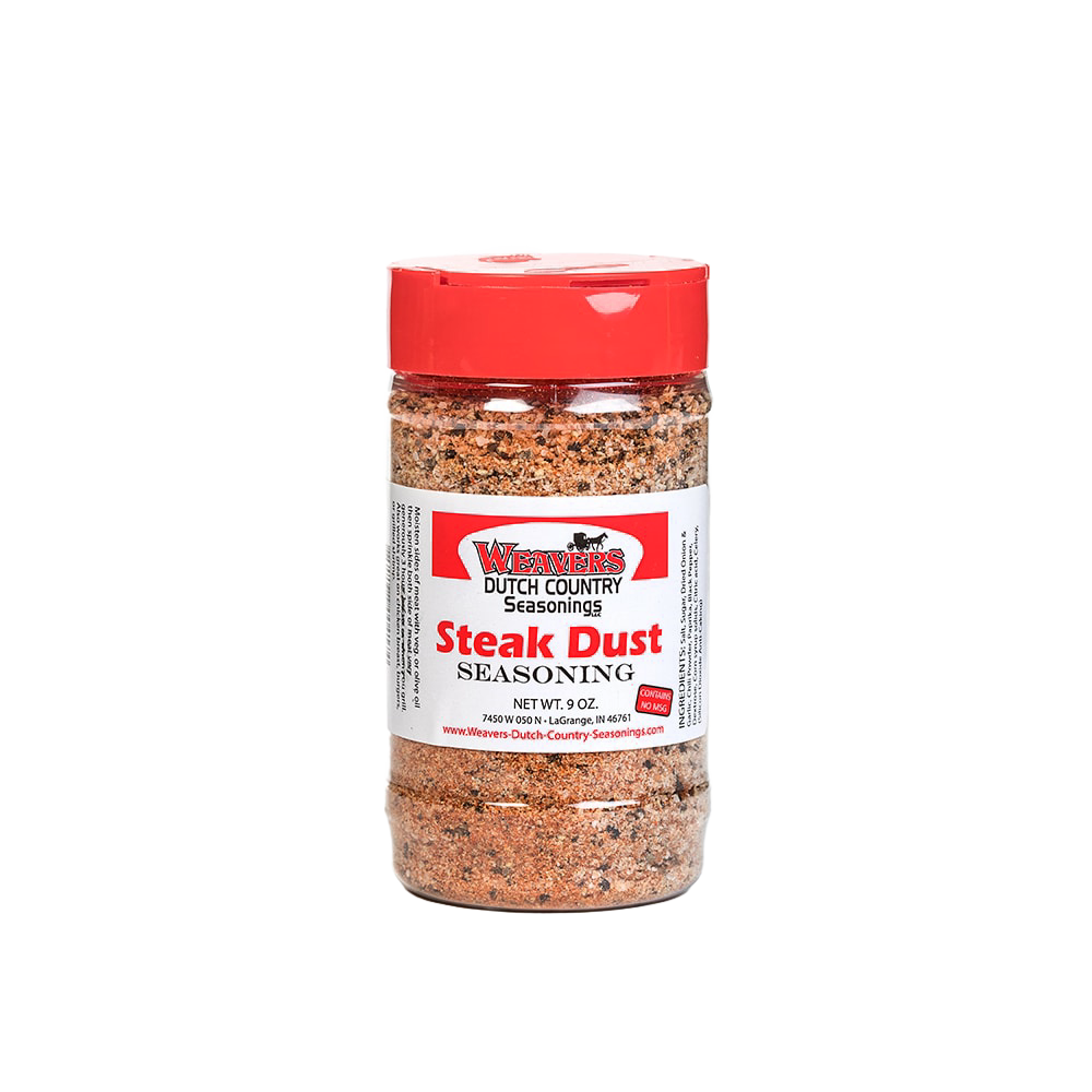Clear plastic shaker bottle with red lid containing handcrafted steak seasoning dust made in USA, perfect for Kitchen & Food, Pantry, USA Made, Best Sellers, and Promo Eligible collections.