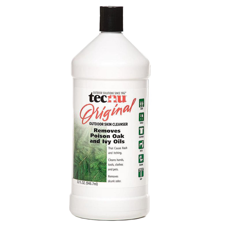 White plastic bottle of Tecnu Original outdoor skin cleanser with black cap, designed to remove poison oak, poison ivy oils, skunk odors, and tree sap, featured in Health & Wellness, Health Remedies, USA Made, and Best Sellers collections.