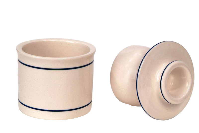 Handcrafted ancient-style ceramic butter crock featuring minimalist blue line accents, designed for keeping butter soft and fresh without refrigeration, ideal for farm, kitchen, and homesteading collections.