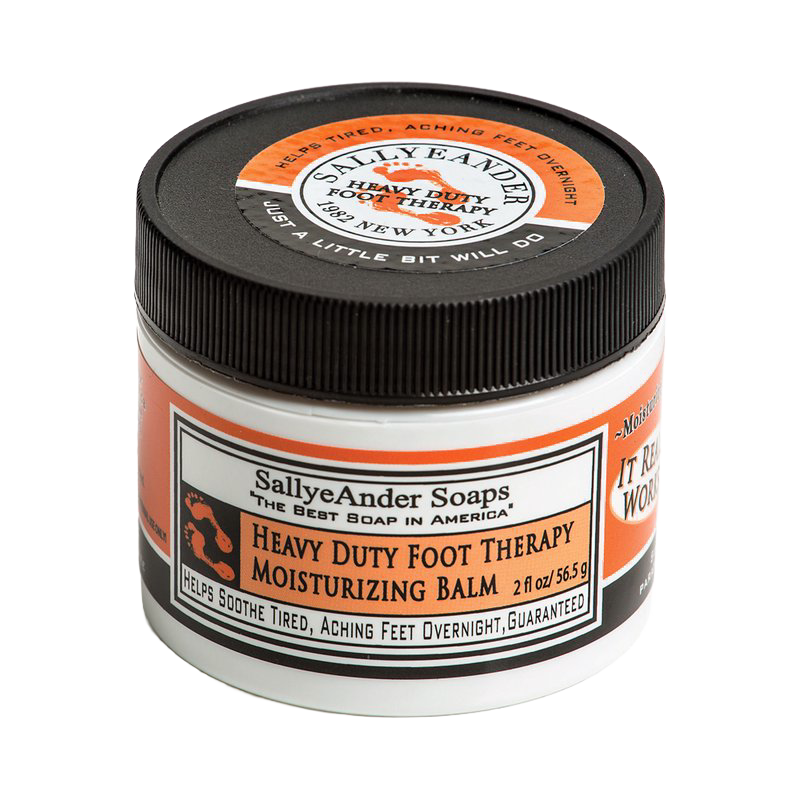 Small jar of handcrafted moisturizing balm for heavy-duty foot therapy with natural essential oils and herbs, part of Health & Wellness and USA Made collections.