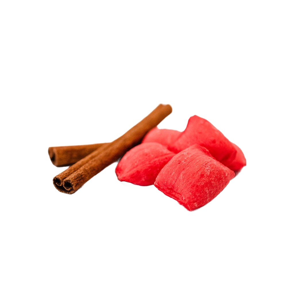 Light, airy handcrafted cinnamon puffs in vibrant red with two cinnamon sticks, made in the USA, perfect for Kitchen & Food, Snacks and Sweets, USA Made, Best Sellers, and Promo Eligible collections.