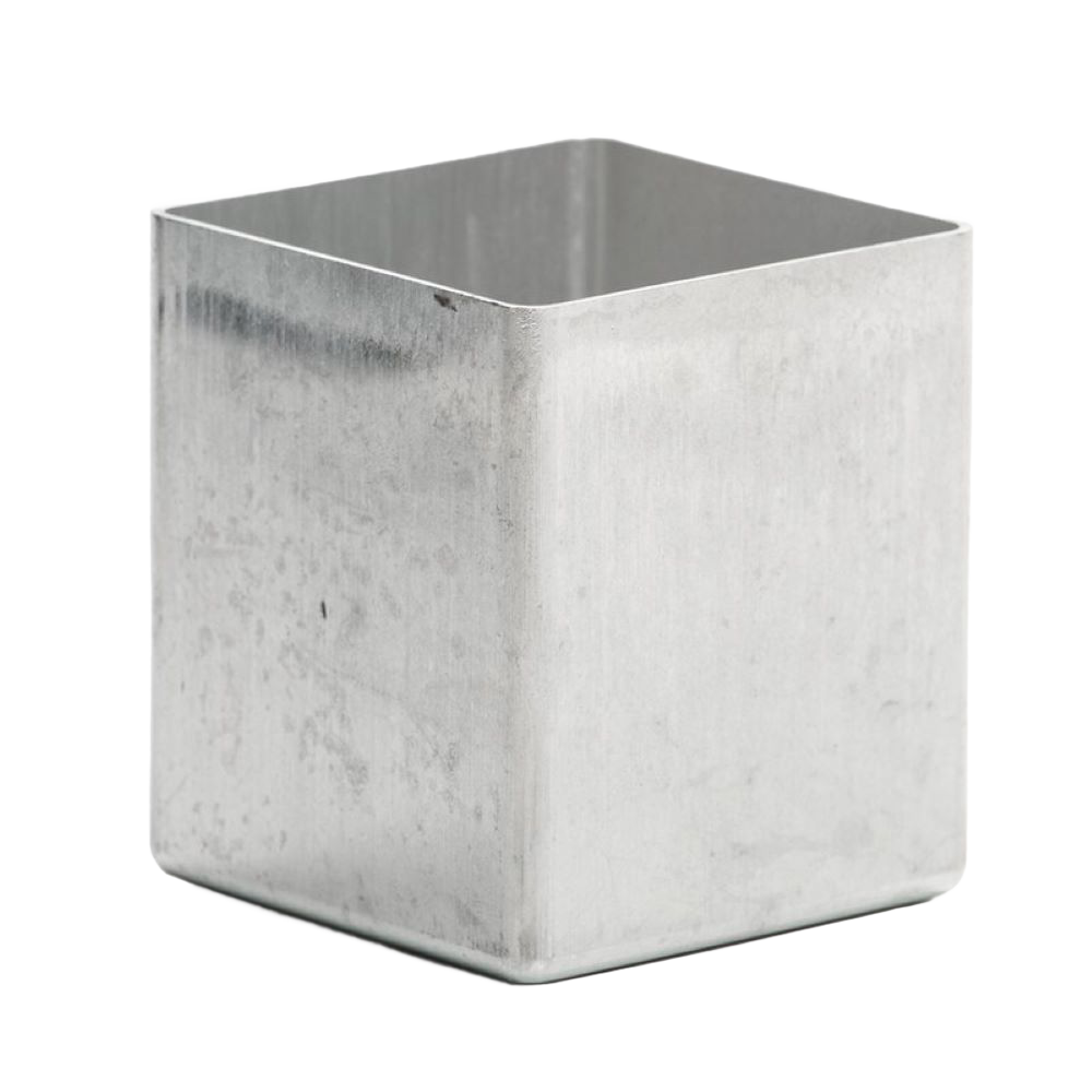Durable one-piece aluminum square candle mold with smooth sides and no seams, designed for easy release, part of candles, candlemaking supplies, lamps & lighting, and USA made collections.