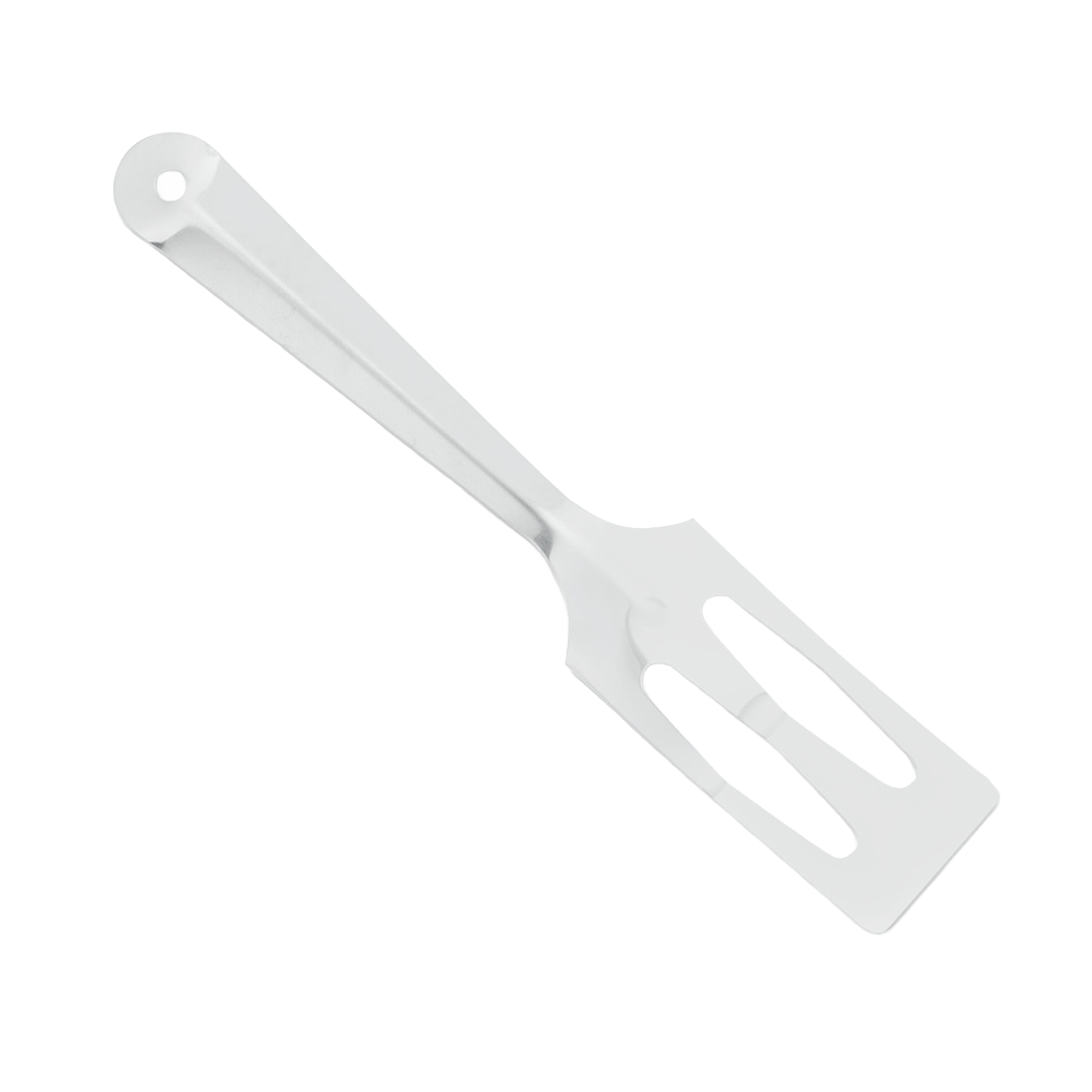 White plastic kitchen spatula with a slotted, angled blade and slightly tapered handle, designed for mixing and serving, part of Kitchen & Food, Storage and Serving, USA Made, and Best Sellers collections.