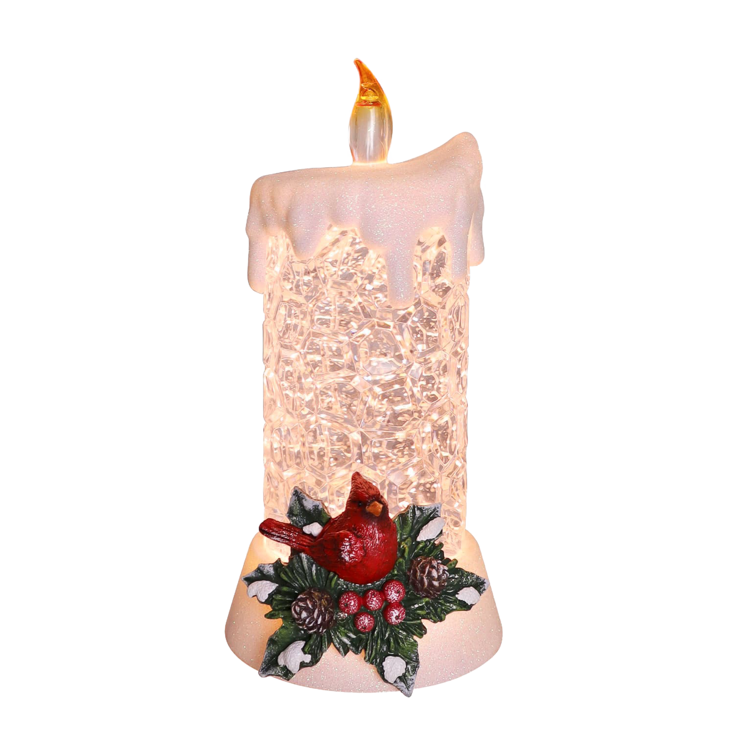 Handcrafted lighted candle with textured glitter body, topped with faux melted wax and a glowing flame, featuring a detailed cardinal and holly sprig at its base, ideal for Home & Decor, Holiday Decor, Best Sellers, and Promo Eligible collections.