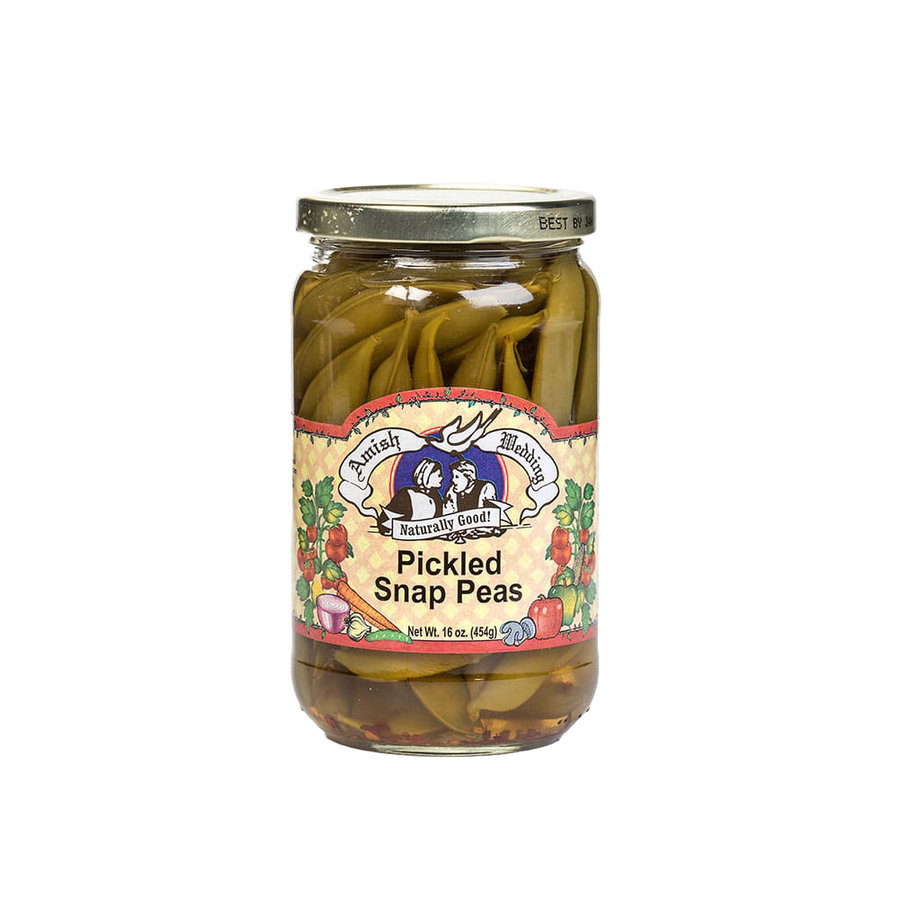 Glass jar of handcrafted pickled snap peas with colorful vintage-style label, made in USA, featured in Kitchen & Food, Pantry, and USA Made collections.