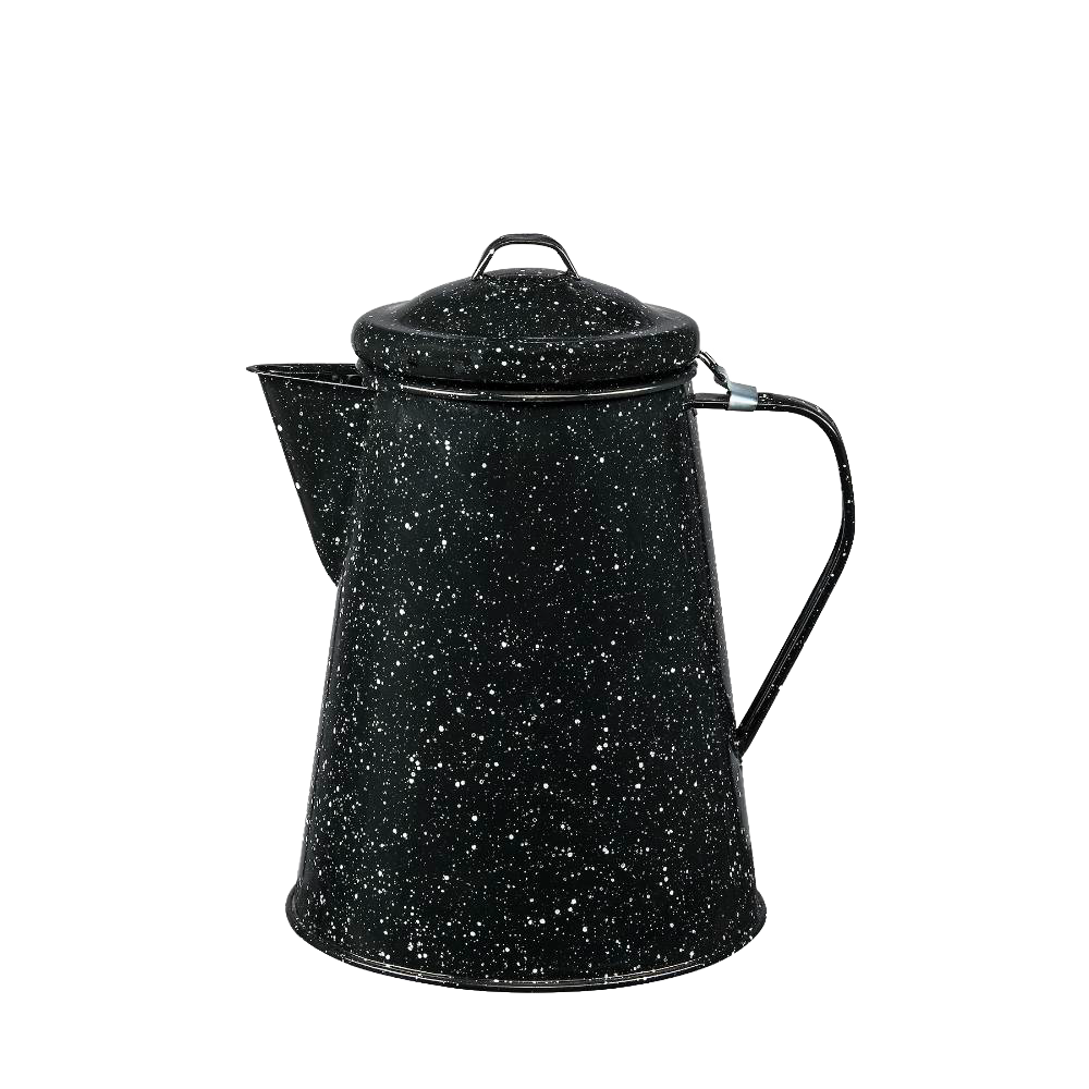 Black enamelware coffee boiler with white speckles, durable enamel-on-steel construction, sturdy handle and lid, ideal for Farm, Garden & Tool, Camping, and Brewing Coffee collections.