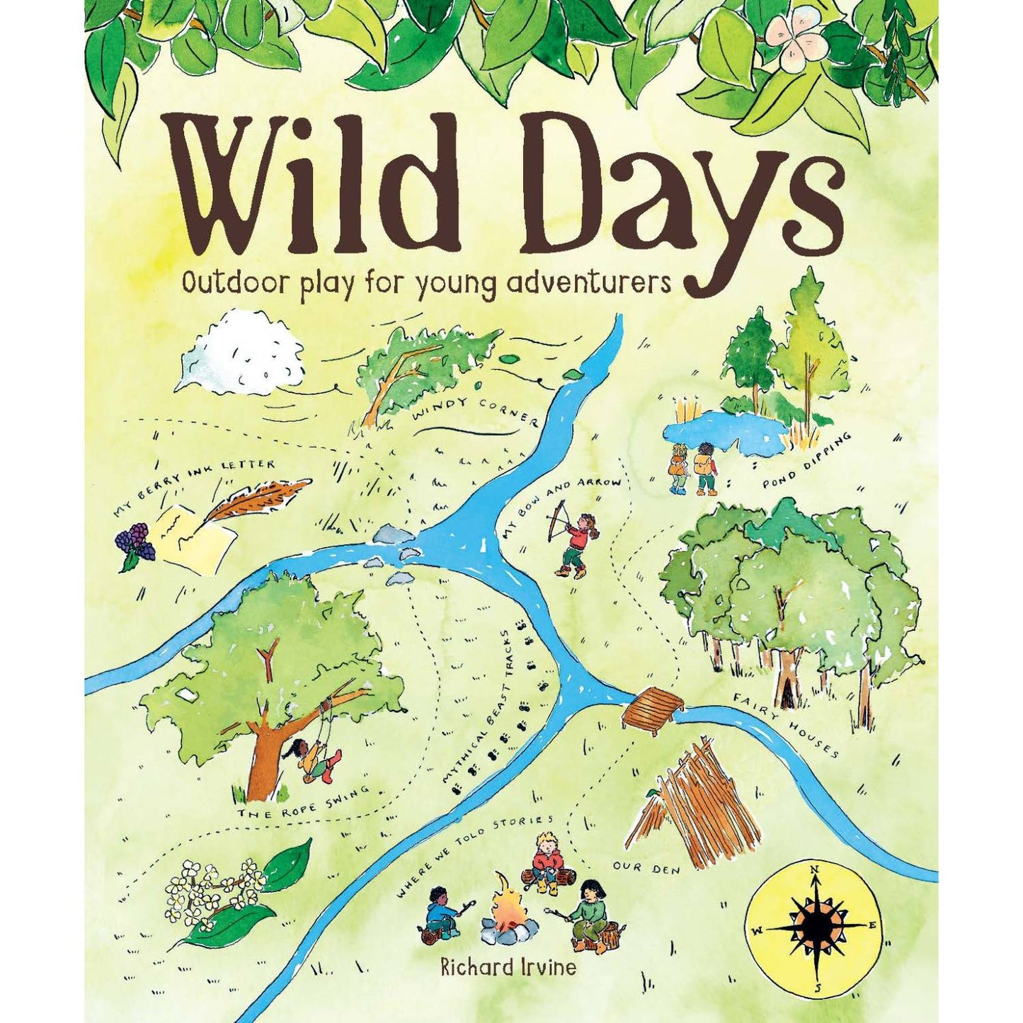 Book cover illustration showing a whimsical map with outdoor activity spots like rope swings, den building, and pond diving, designed for children’s books and outdoor play collections.