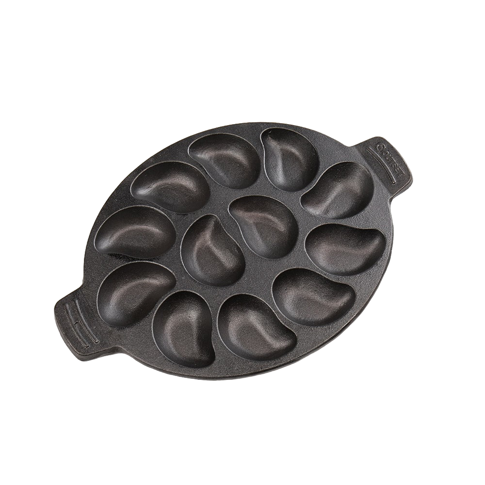 Oval pre-seasoned cast iron pan with twelve molded indentations for grilling oysters or baking small dishes, ideal for Kitchen & Food and Cast Iron cookware collections.