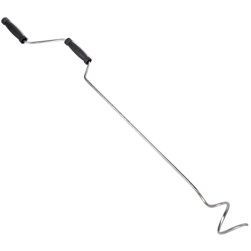 Handcrafted stainless steel compost mixing crank with dual black handles, designed for easy aeration and moisture control in garden and composting tasks, made in USA.
