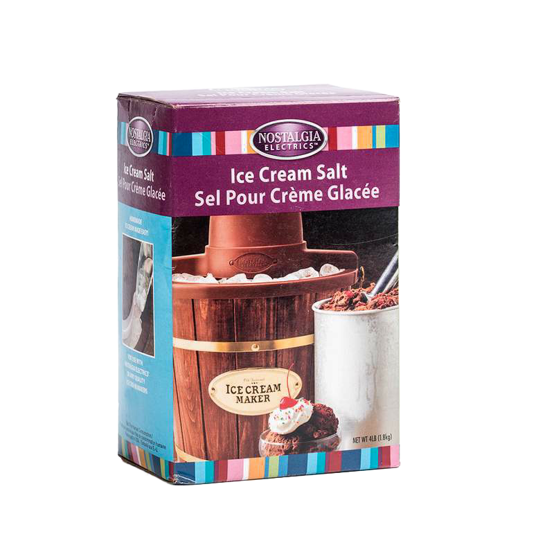 Box of specialty rock salt designed for ice cream making, featuring vintage-style graphics and ideal for Kitchen & Food, Specialty Equipment, and Making Ice Cream collections.