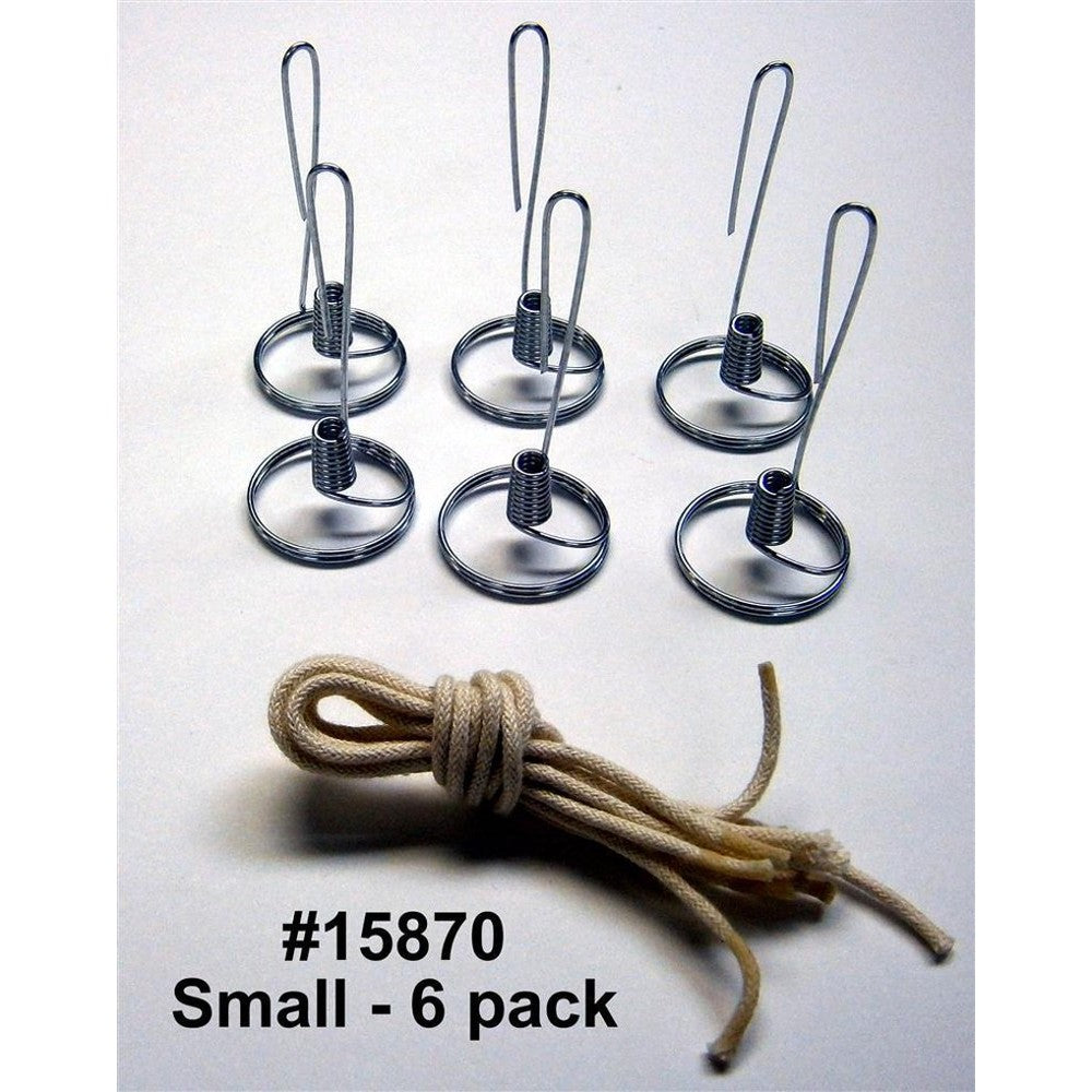Six handcrafted steel wick holders paired with a bundle of braided cotton wicks, designed for smaller votive jars, showcasing handmade, USA made oil lamp parts in Lamps & Lighting and Olive Oil Lamps collections.