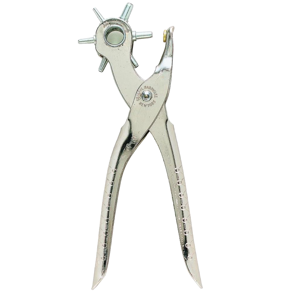 Nickel-plated revolving punch tool with six hardened steel hole sizes, spring-loaded self-opening design, handcrafted in USA, featured in Farm, Garden & Tool and Hand Tools collections.
