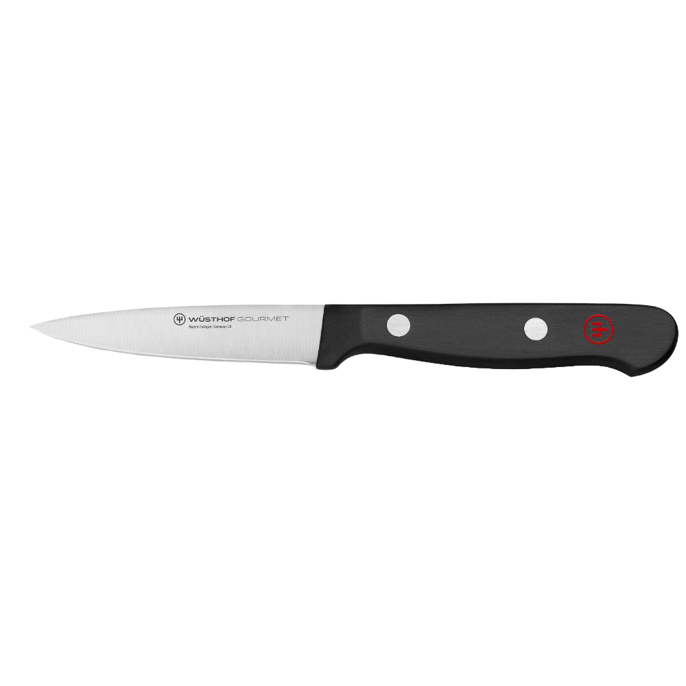 Sleek paring knife with a sharp spear point blade and ergonomic black handle featuring three rivets, ideal for detailed kitchen prep tasks in cooking and food collections.