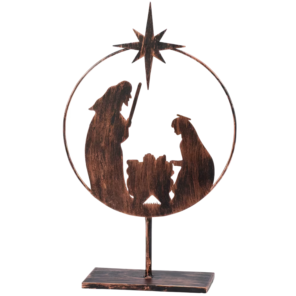 Handcrafted metal nativity sitter with circular design featuring Joseph, Mary, and baby Jesus under a shining star, freestanding for Home & Decor, Holiday Decor, Best Sellers, and Promo Eligible collections.