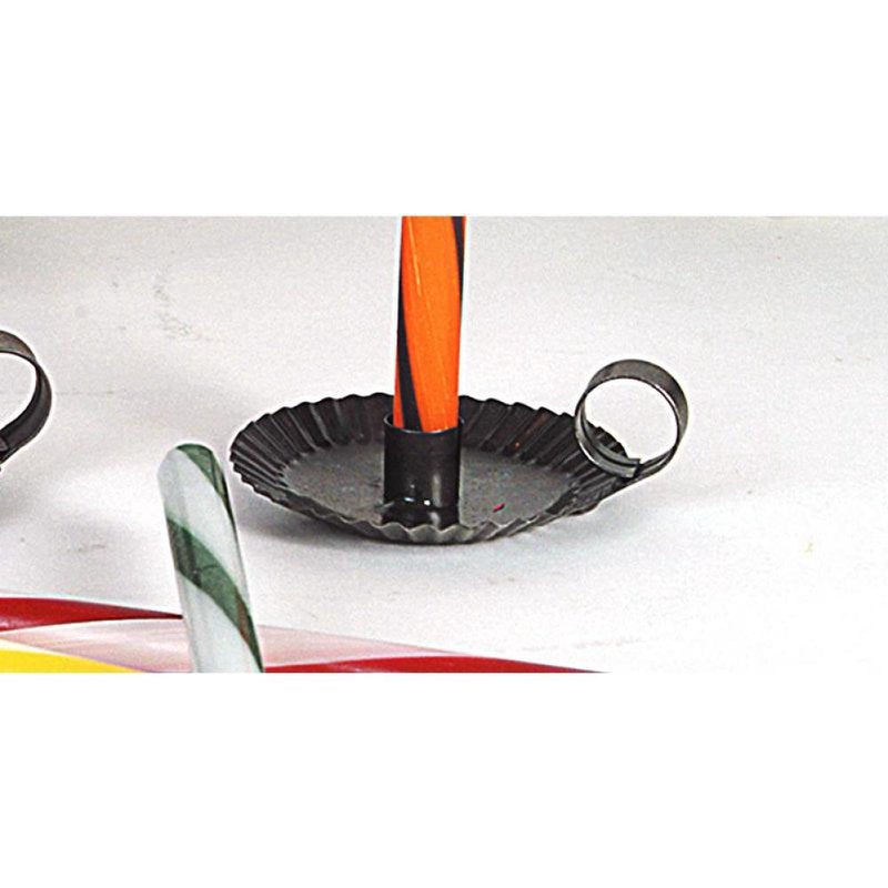 Handcrafted tin candle holder with crimped edges and a curled handle, designed for small 1/2" diameter candles, made in USA, featured in Lamps & Lighting and Candleholders collections.