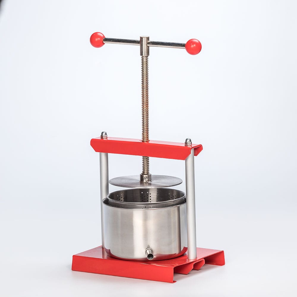 Compact stainless steel and red kitchen press with a threaded crank handle, designed for artisan cheese and fruit pressing, featured in Kitchen & Food and DIY Cheese and Yogurt collections.
