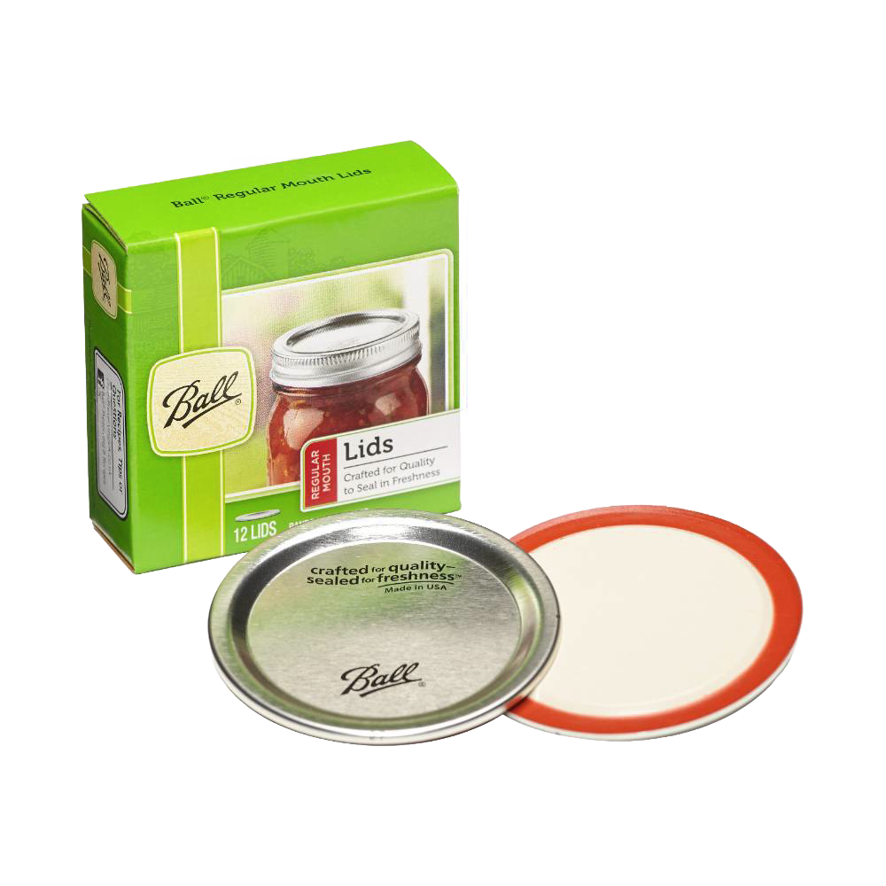 Box of twelve regular size canning lids with metal top and red sealing ring, BPA-free and made in USA, suitable for kitchen, food preservation, and canning collections.