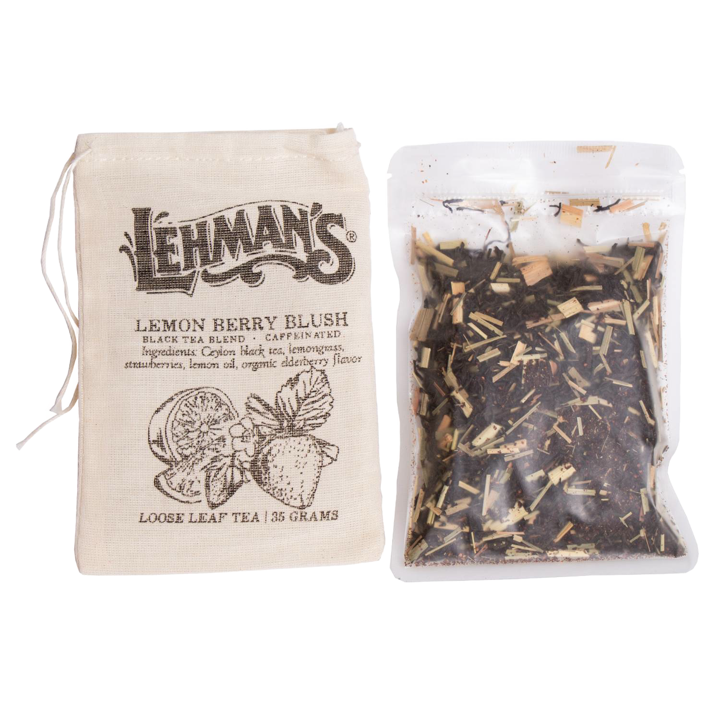 Natural fabric drawstring bag labeled Lemon Berry Blush loose leaf tea blend next to a clear pouch of handcrafted black tea with lemongrass and strawberries, a unique Amish made beverage from Kitchen & Food, Food, Beverages, USA Made, Best Sellers, and Promo Eligible collections.