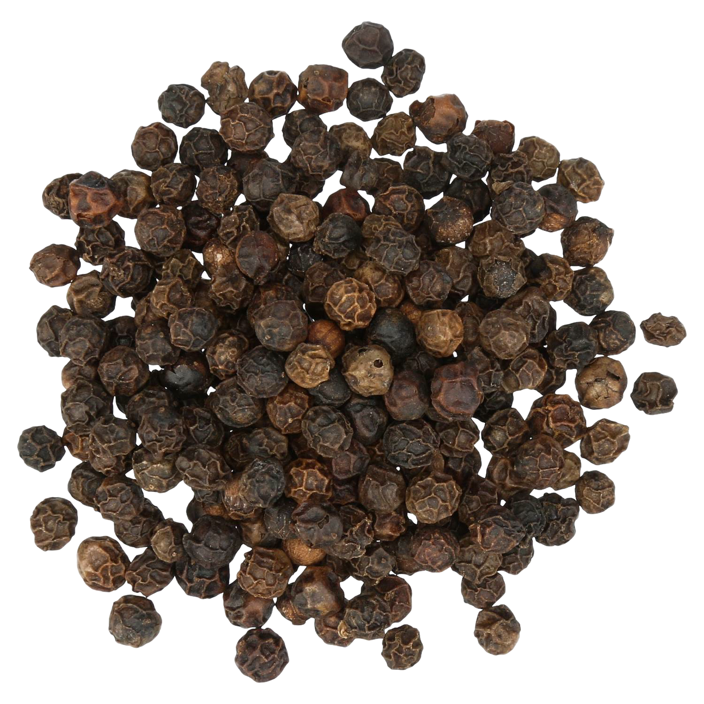 Close-up of a pile of whole Tellicherry black peppercorns known for their rich flavor, featured in Kitchen & Food, Pantry, Grilling, and Best Sellers collections.