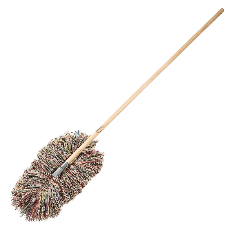 Handcrafted Big Wooly Dust Mop with a removable multicolored wool head and wooden handle, ideal for natural dusting in Home & Decor, Household Cleaning, and USA Made collections.