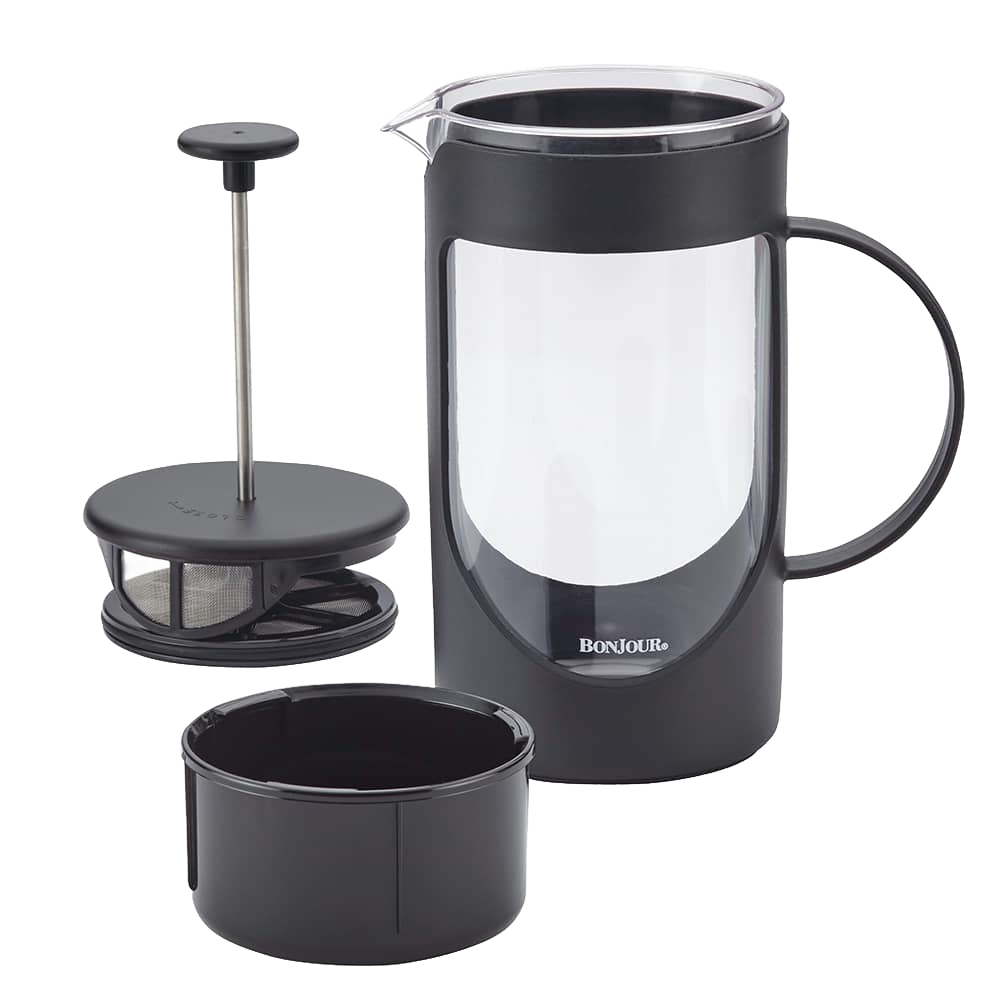 Black and clear plastic French press coffee maker with detachable stainless steel filter and plunger, featuring a sturdy handle and dishwasher-safe parts, ideal for Kitchen & Food and Brewing Coffee and Tea collections.