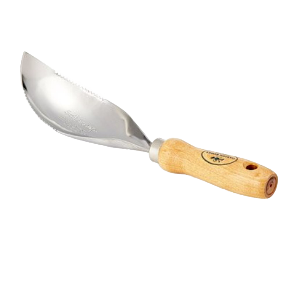 Handcrafted soil scoop with ergonomic wooden handle and durable metal scoop, designed to reduce wrist strain while digging, from Farm, Garden & Tool and USA Made collections.