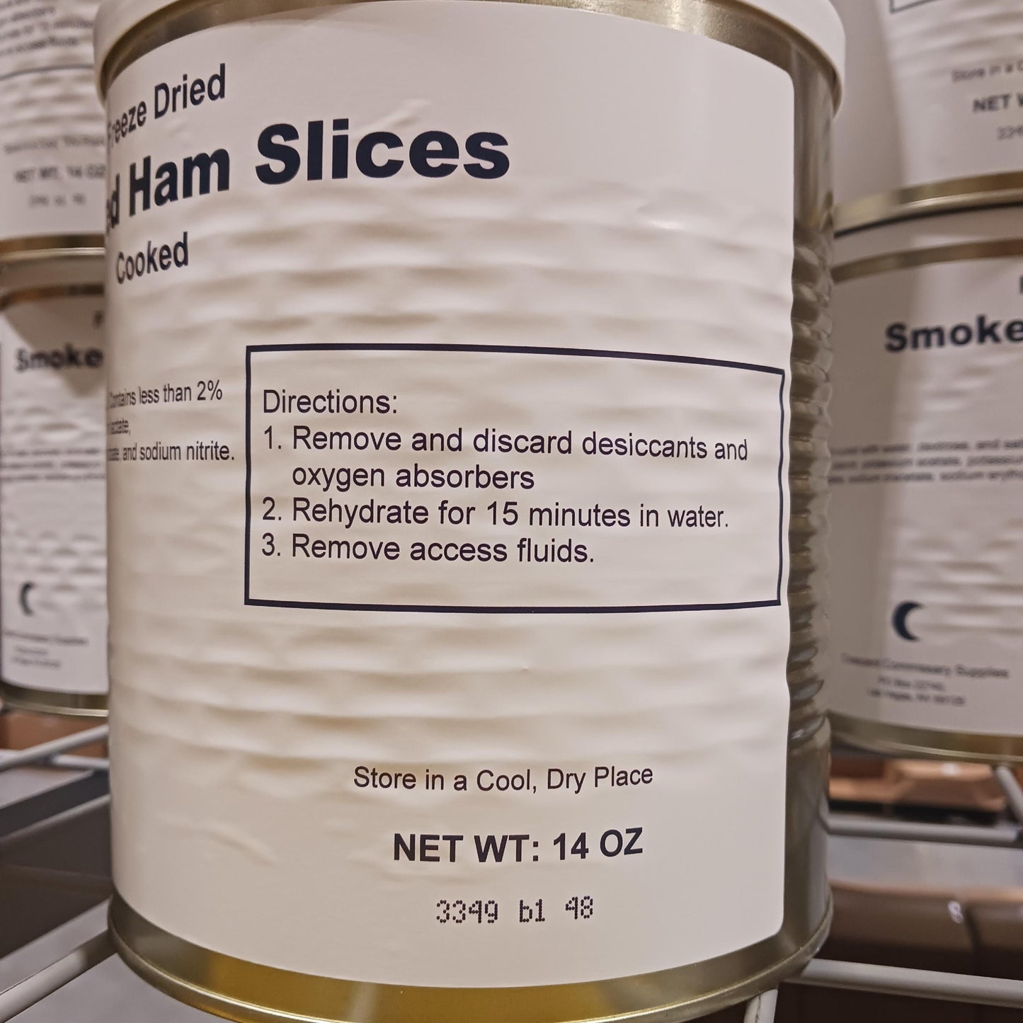 Close-up of a can of smoked ham slices with preparation instructions, emphasizing long shelf life and suitability for emergency supplies, Kitchen & Food, Meats, Freeze Dried, and USA Made collections.