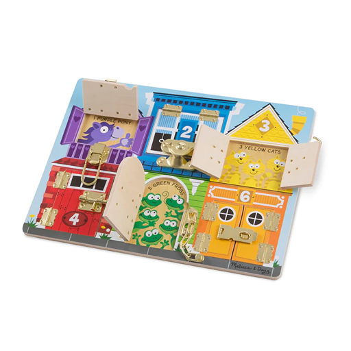 Wooden learning board featuring six colorful numbered doors with metal latches, revealing playful animal illustrations like green frogs and yellow cats, designed to develop fine motor skills in indoor play for children, handcrafted and ideal for toys, books & games, and wooden toys collections.