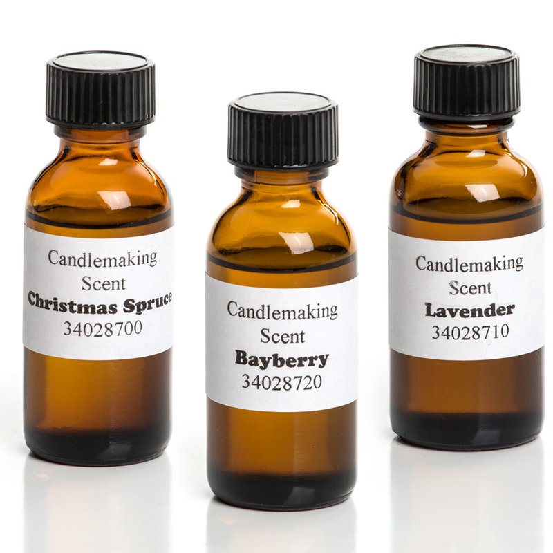 Amber glass bottles with black caps containing handcrafted candle scents in Christmas Spruce, Bayberry, and Lavender, ideal for Lamps & Lighting, Candles and Candlemaking, and Candlemaking Supplies collections.