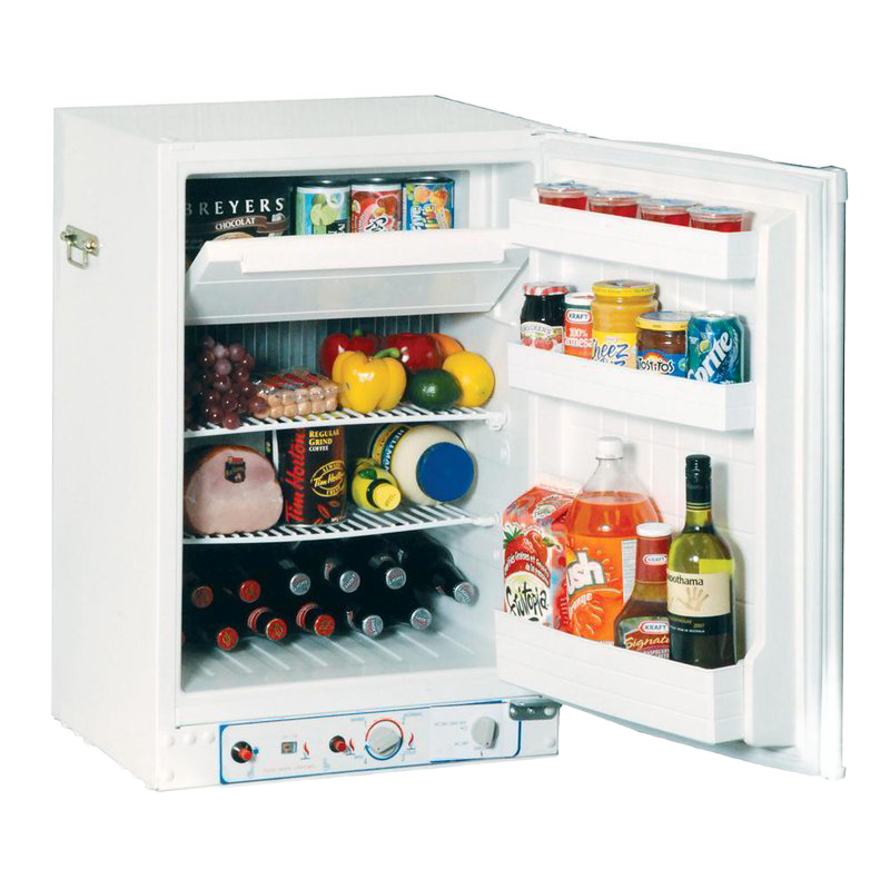 Compact handcrafted white portable gas refrigerator with 3-way propane, 12V, and 110V operation, stocked with beverages and food for Farm, Garden & Tool, Appliances, and Emergency Supplies collections.