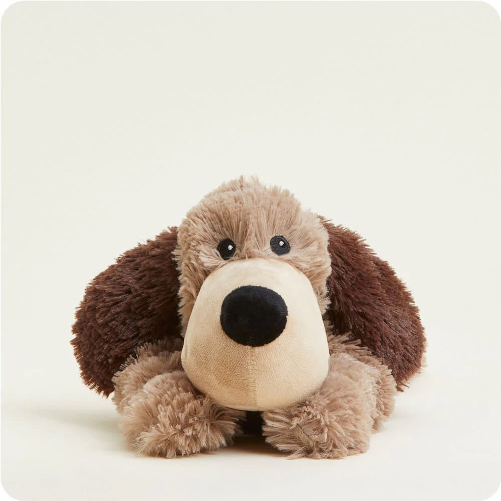 Brown and beige soft plush dog with weighted fill and real dried lavender scent, microwaveable for warming comfort, perfect for Health & Wellness and Children's Toys collections.