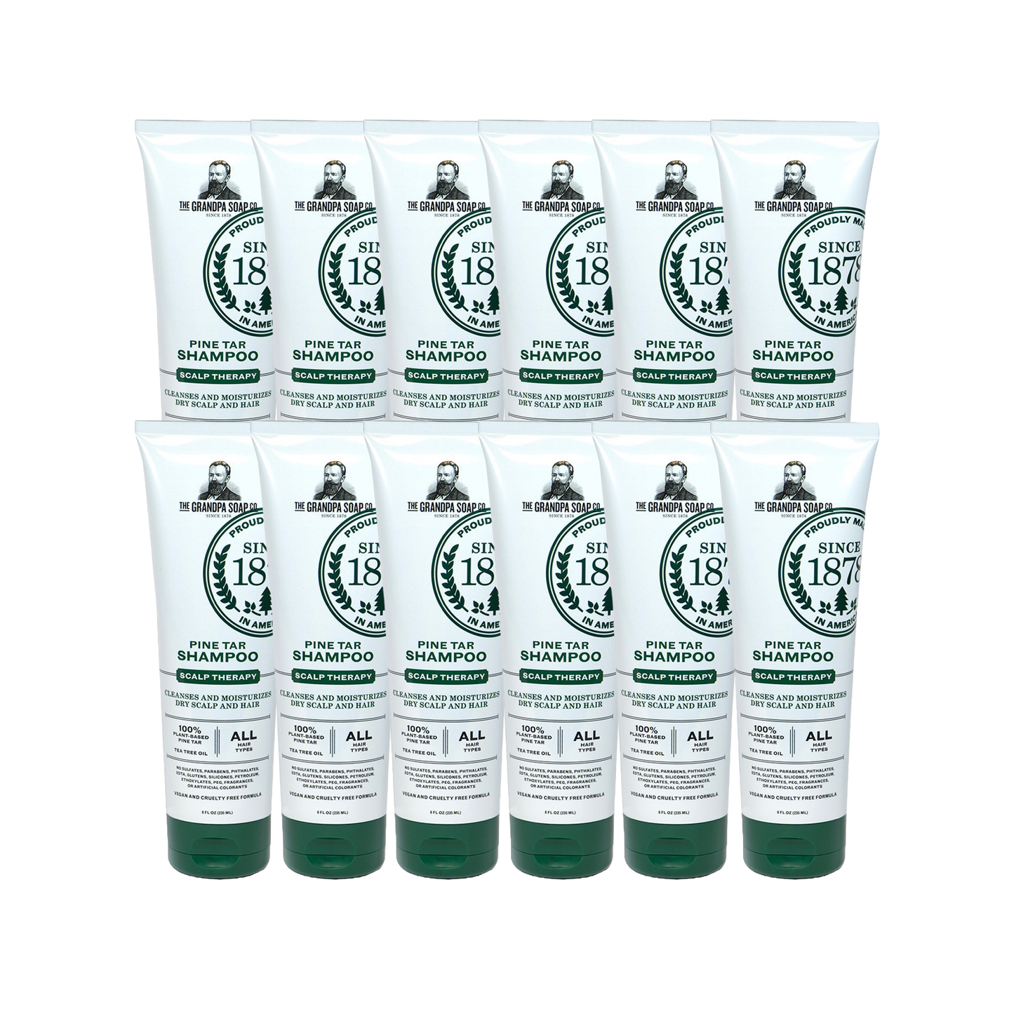 Set of handcrafted pine tar scalp therapy shampoos with plant-based ingredients, gentle formula for dry, itchy scalp relief, made in USA, featured in Health & Wellness and Grooming collections.