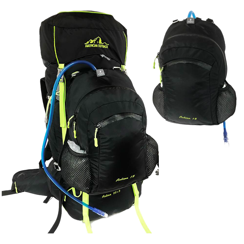 Black and lime hydration gear bag with detachable pack and hose, featuring adjustable frame system, watertight zippers, padded hip belt, and ventilation mesh, suited for Camping and Farm, Garden & Tool collections.
