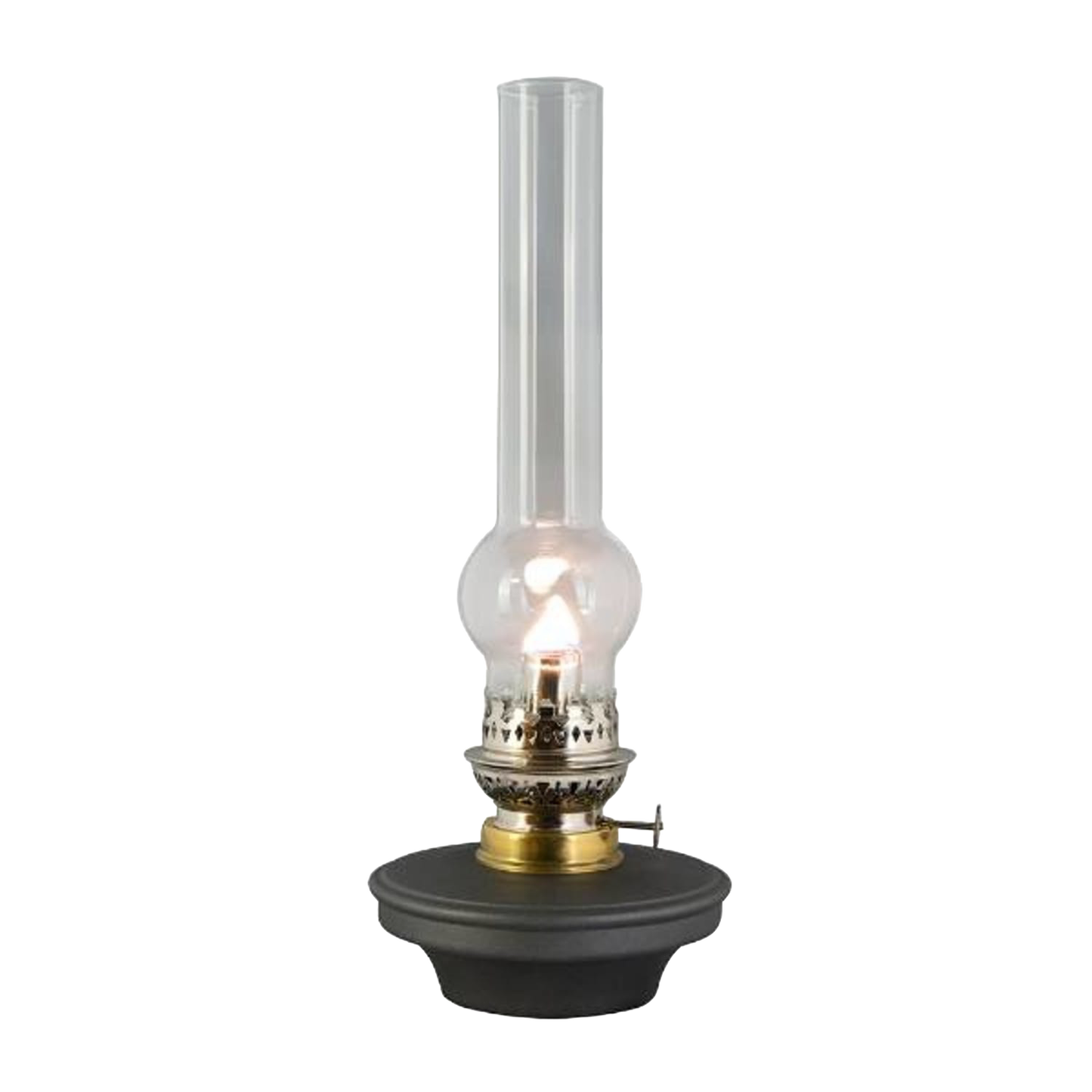 Tall clear glass oil lamp chimney with a distinctive bulge, fitted on a classic metal oil lamp base, featured in Lamps & Lighting, Parts and Accessories, Chimneys and Globes, Best Sellers, and Promo Eligible collections.