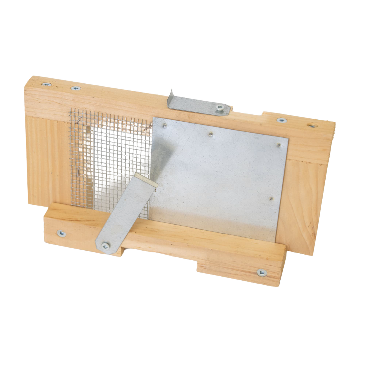Handcrafted Amish-made robbing screen with wooden frame and metal mesh, adjustable metal latches to control hive entrance, featured in Farm, Garden & Tool and Beekeeping Supplies collections.