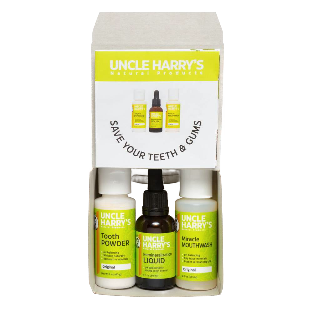 Handcrafted Uncle Harry’s remineralization kit featuring tooth powder, liquid with dropper, and miracle mouthwash, part of Health & Wellness, Grooming and Personal Hygiene, USA Made, and Best Sellers collections.