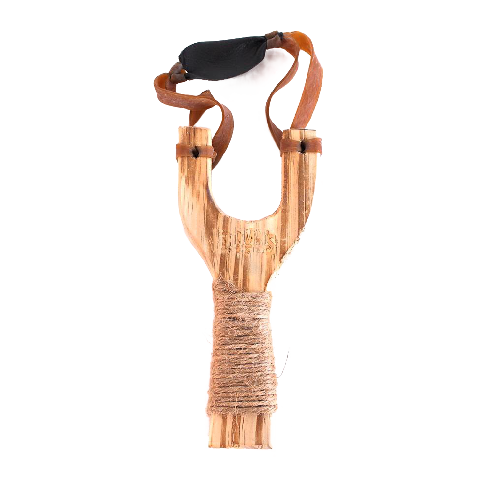 Handcrafted wooden slingshot made from smooth beech wood with genuine leather pouch, wrapped handle for grip, and real latex tubing, perfect for Toys, Lawn Games, and Best Sellers collections.