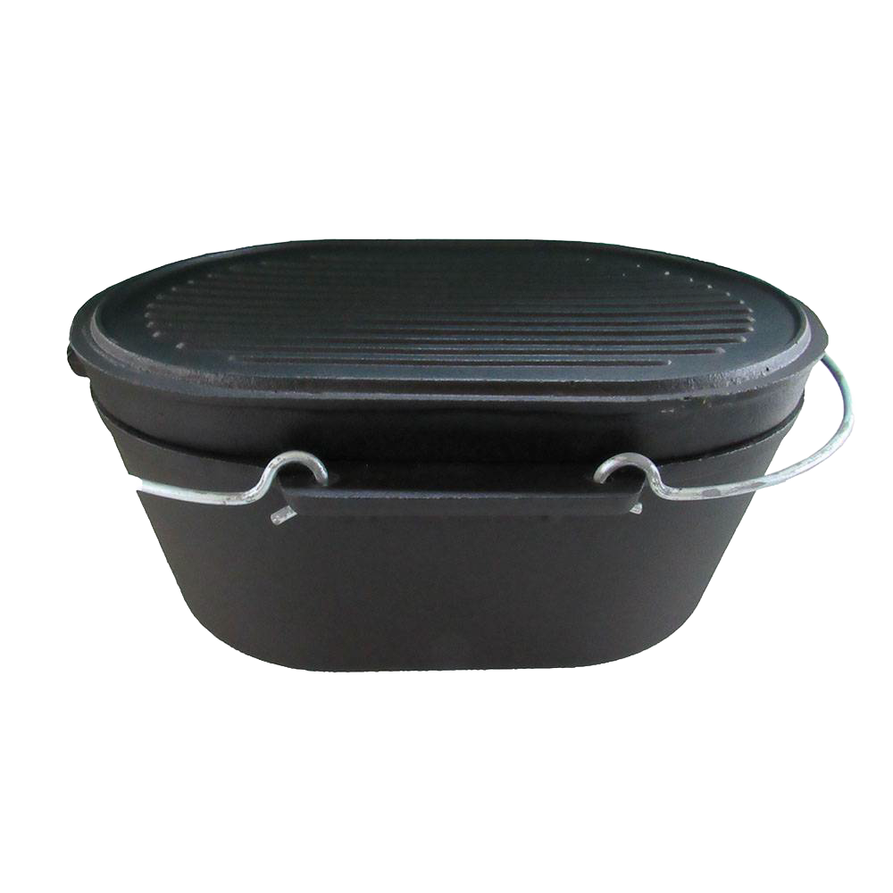 Oval cast iron roaster with flat bottom and sturdy metal bail handle, designed for durable outdoor cooking over campfires, featured in Farm, Garden & Tool and Camping collections.