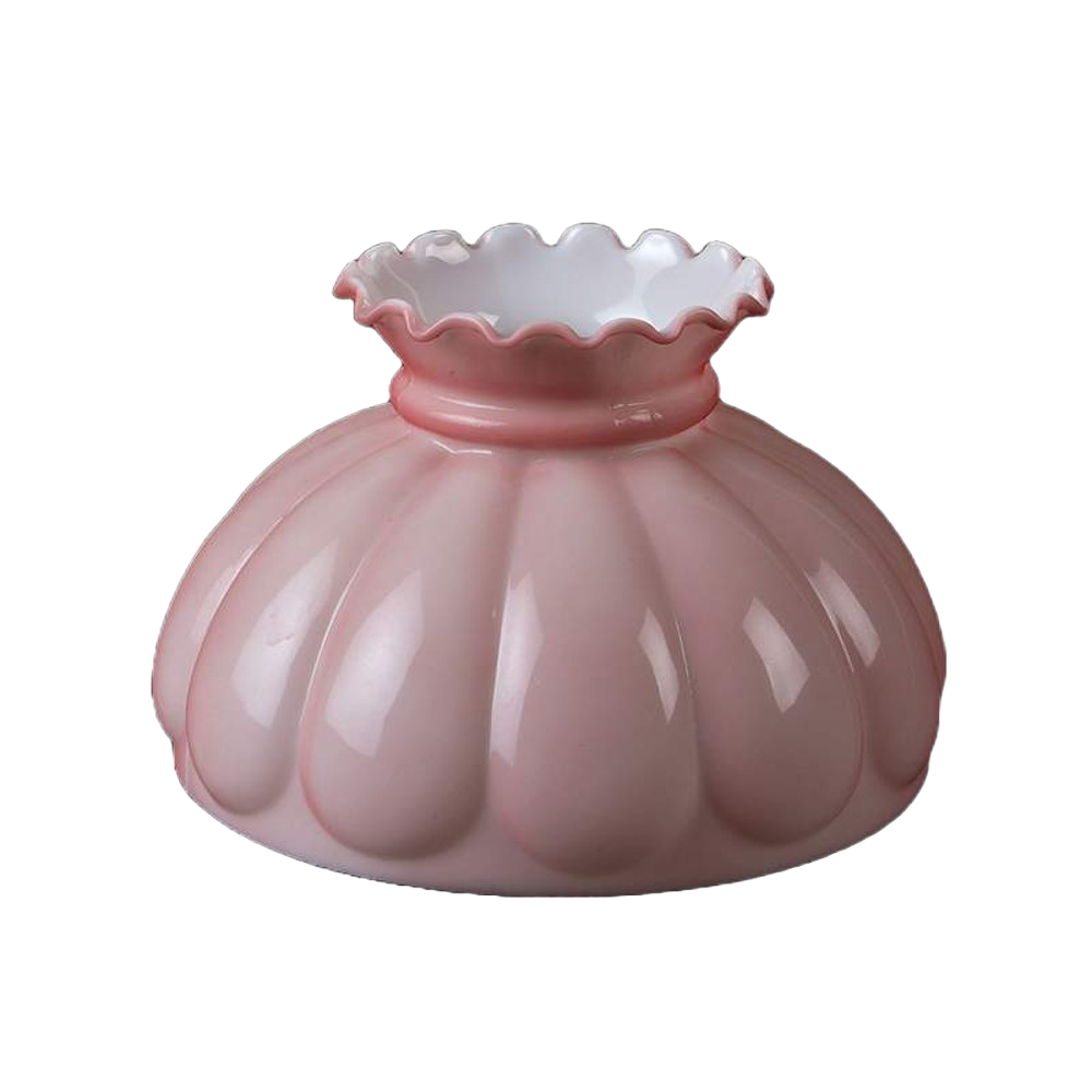 Victorian-style pink oil lamp shade with scalloped edge and fluted design, suitable for lamps and lighting, parts and accessories, and lamp shades collections.