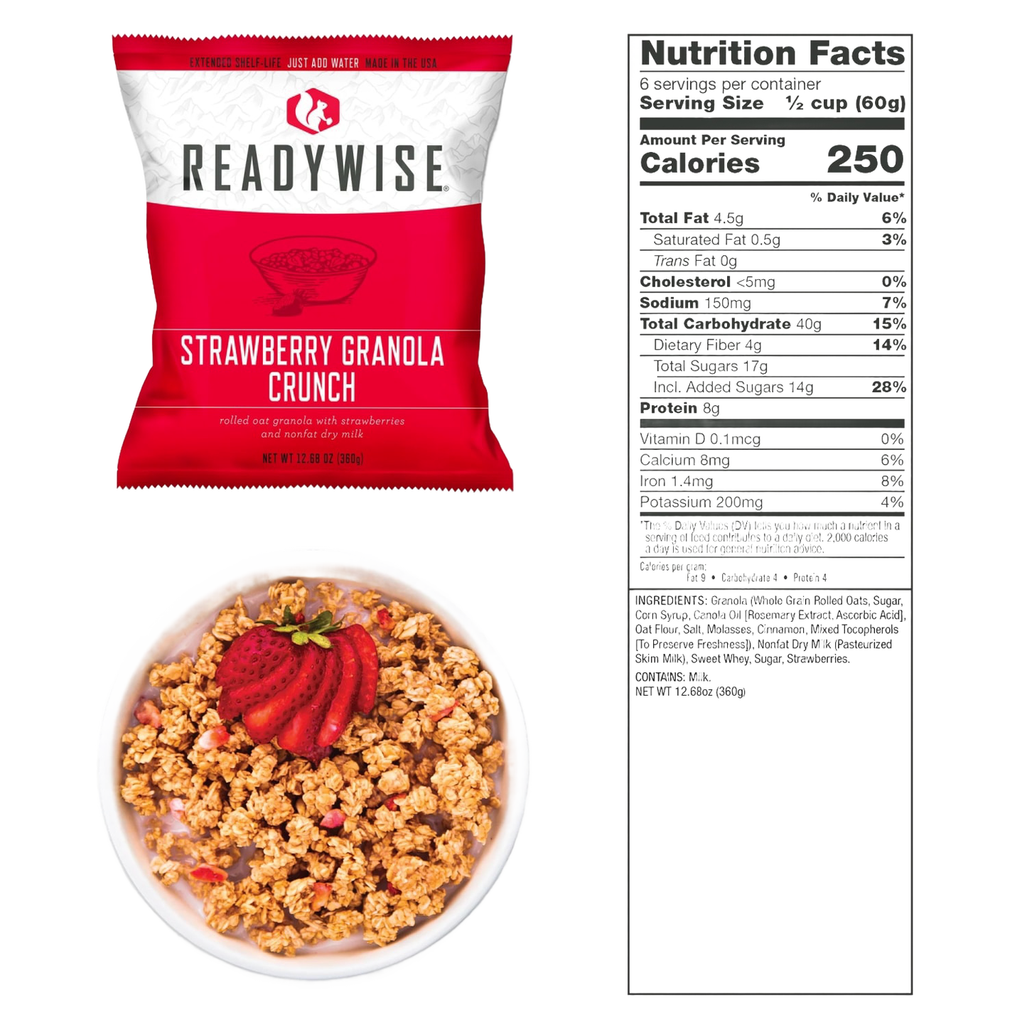 Single-serving packet of strawberry granola crunch featuring rolled oats and freeze-dried strawberries, with a bowl of granola topped with sliced strawberries and nutrition facts label, ideal for Kitchen & Food, Emergency Supplies, Pantry, and USA Made collections.