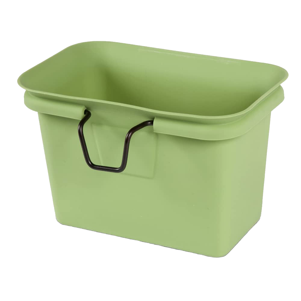 Light green flexible silicone compost bin with black wire rim handle, designed to attach to drawers for easy food scrap collection, featured in Kitchen & Food and Composting collections.