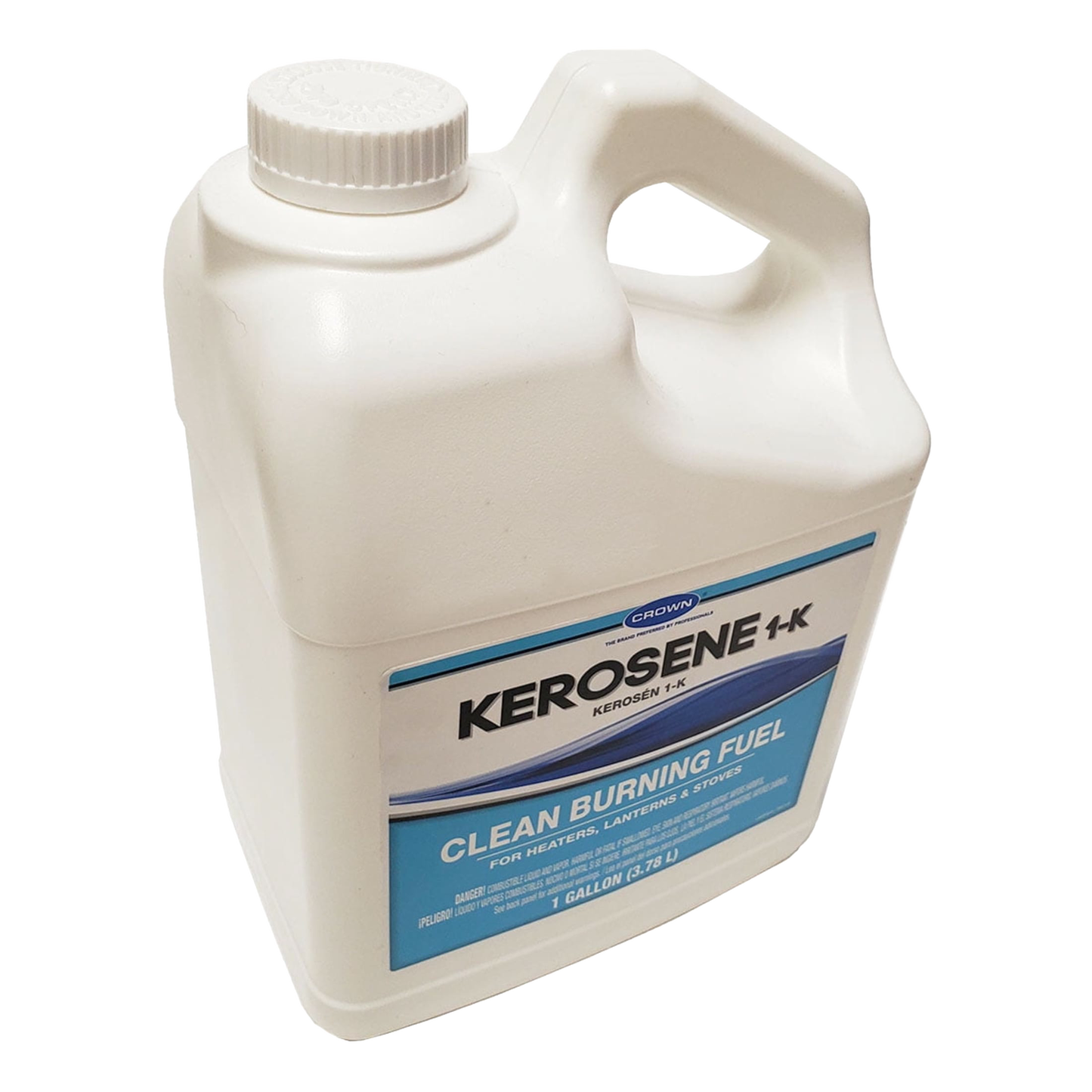 One-gallon white plastic container of Crown 1-K clean burning kerosene fuel made in USA, designed for heaters, lamps, stoves, and included in farm, garden, emergency, and lamp fuel collections.