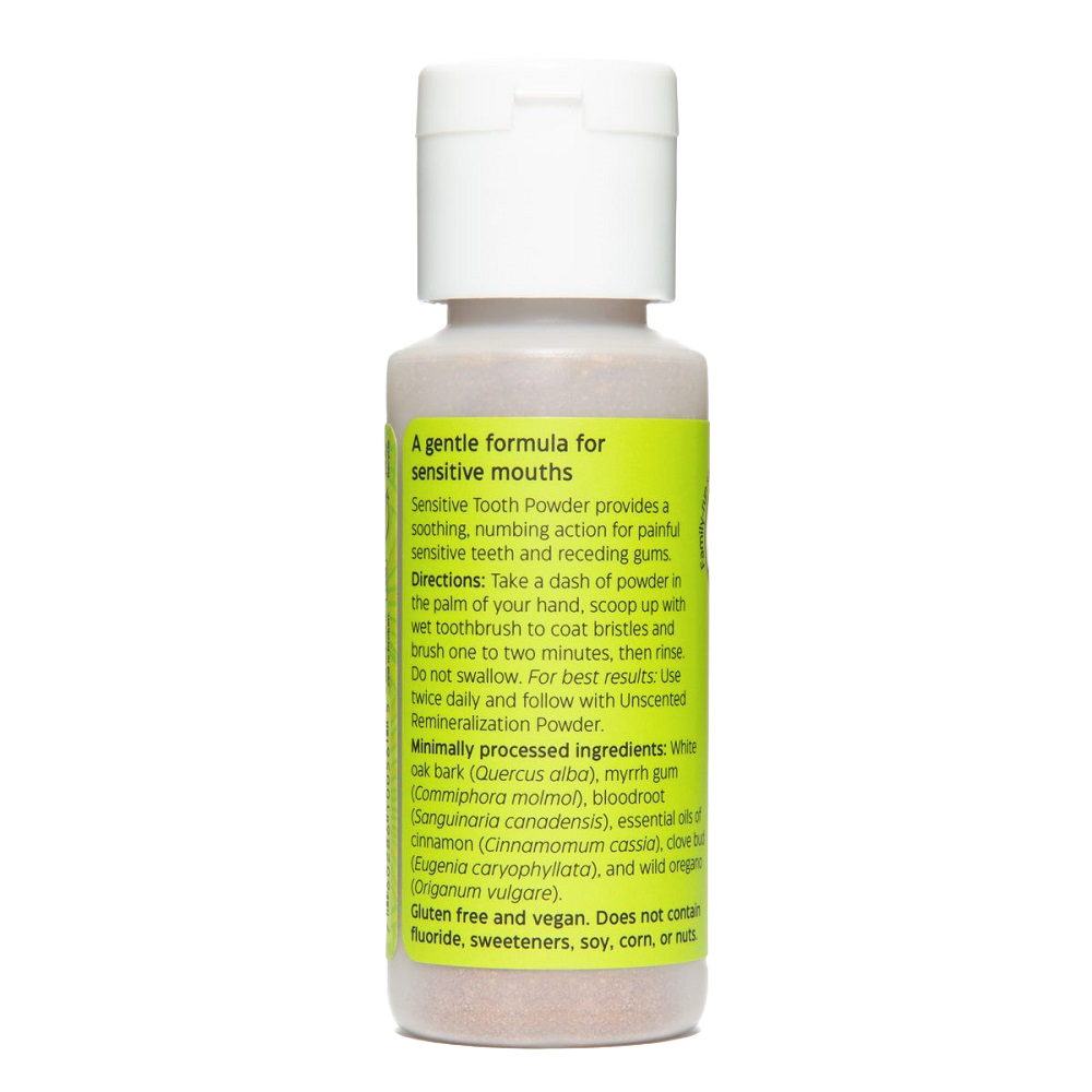 Small plastic bottle of Uncle Harry's handcrafted tooth powder for sensitive mouths with bright green label detailing gentle, mint-free formula and natural ingredients, featured in Health & Wellness, Grooming and Personal Hygiene, USA Made, and Best Sellers collections.
