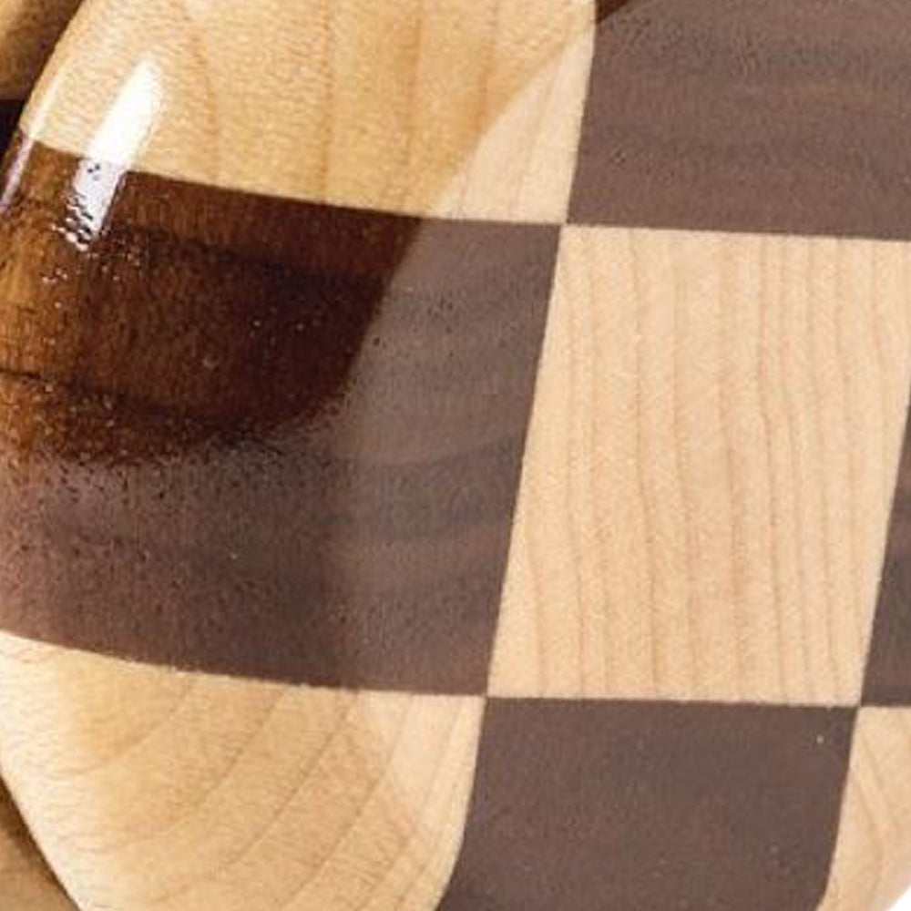 Close-up of an Amish handmade wooden yo-yo with a smooth, gleaming finish featuring alternating maple and walnut checkered pattern, part of USA Made and Children's Toys collections.
