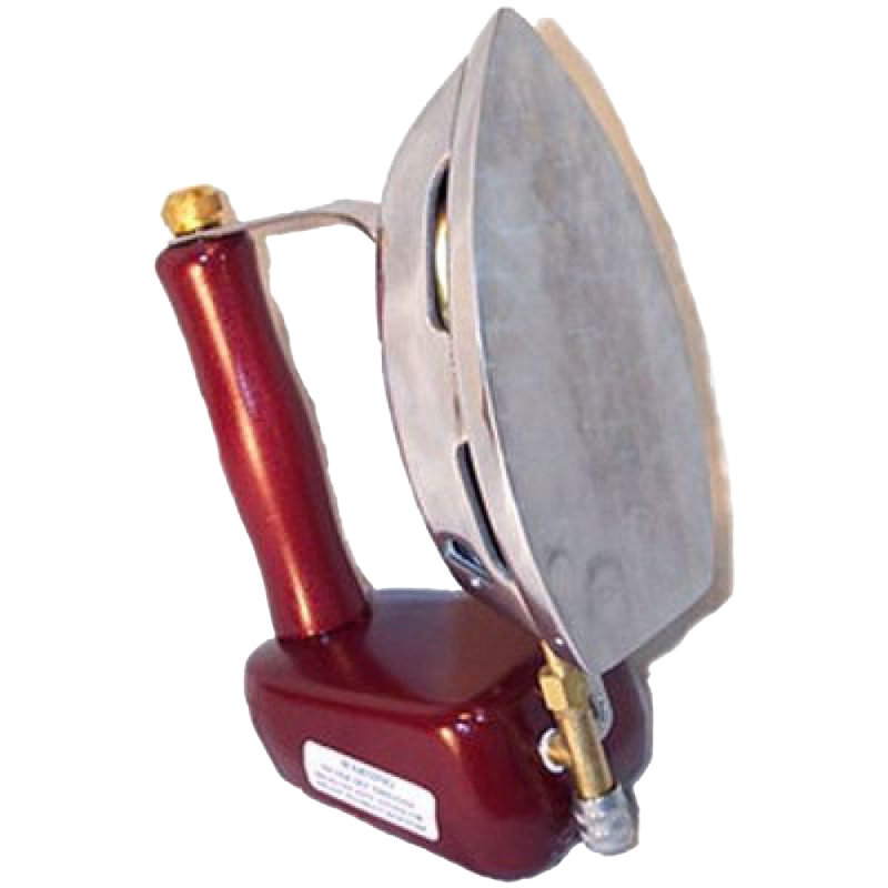 Compact butane iron featuring a cast aluminum sole plate and polished wooden handle, designed for convenient use without electricity, part of USA Made and Laundry Supplies collections.