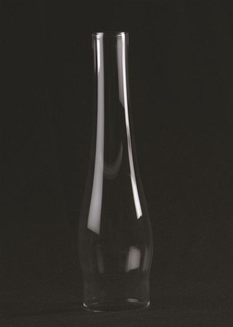 Clear glass oil lamp chimney with a narrow neck and bulged midsection, suitable for lamps and lighting, featured in parts and accessories, chimneys and globes, and best sellers collections.