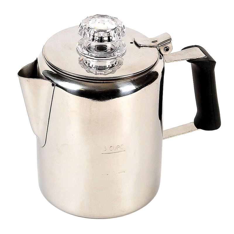 Shiny 18/8 stainless steel coffee percolator with clear plastic top knob, black stay-cool handle, and 3-cup capacity, ideal for Kitchen & Food, Brewing Coffee and Tea, Best Sellers, and Promo Eligible collections.