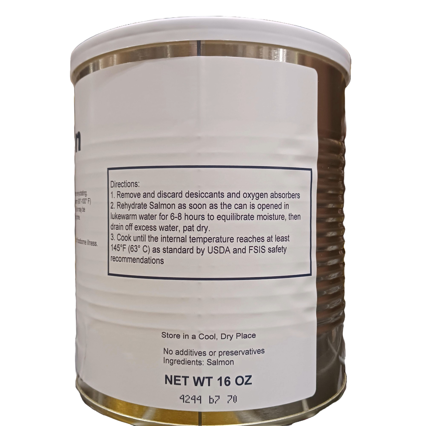 Metal can of freeze-dried salmon fillets with preparation instructions on a white label, suitable for Kitchen & Food, Emergency Supplies, Freeze Dried, and USA Made collections.