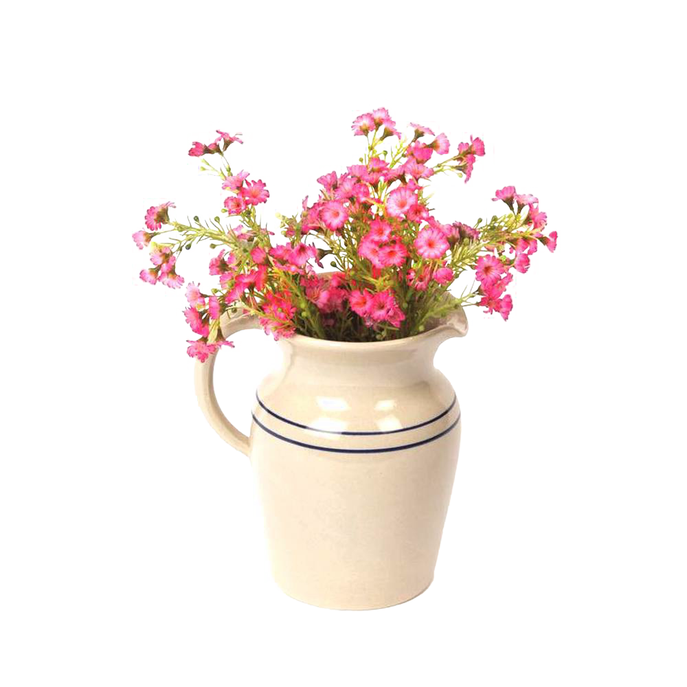 Handcrafted glazed stoneware pitcher in cream with blue stripes, filled with pink flowers, made in USA, ideal for Kitchen & Food, Dinnerware, Holiday Hosting, Storage and Serving collections.